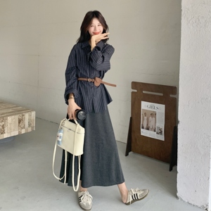 现货/条纹衬衫+披肩+腰带+半身裙套装2C233-5828-P180-K269图片