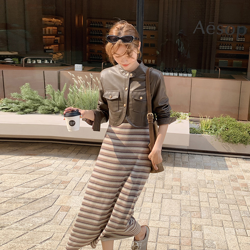 设计感黑色条纹背心裙套装女2025春秋季新款PU皮衣外套长裙两件套,女装套装/套裙,2C206