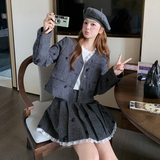 小香风粗花呢西装外套百褶裙女秋冬新款蕾丝拼接两件套装高级感，女装套装/套裙，2D148