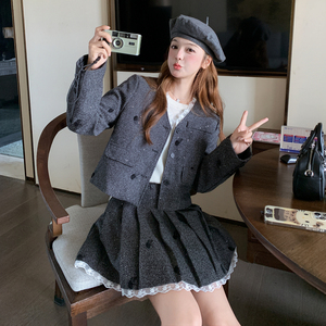 小香风粗花呢西装外套百褶裙女秋冬新款蕾丝拼接两件套装高级感图片