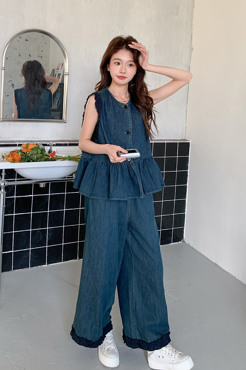新款2025春夏两穿牛仔无袖套裤C022-9120-P150-K228,女装套装/套裙,2C022