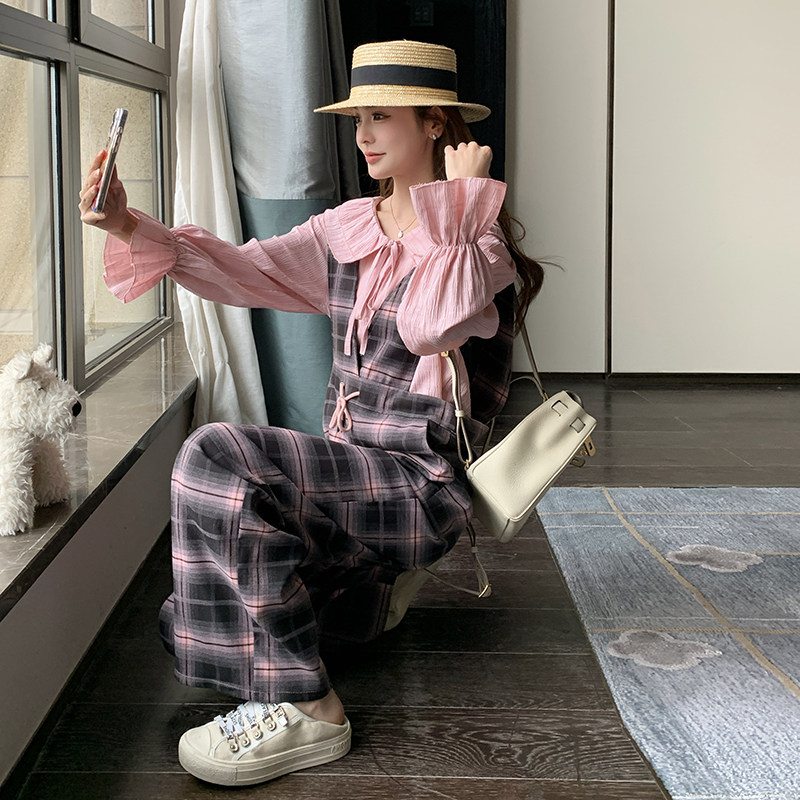 粉色格纹背带连体裤女2024夏新款甜酷风小个子高腰显瘦图片