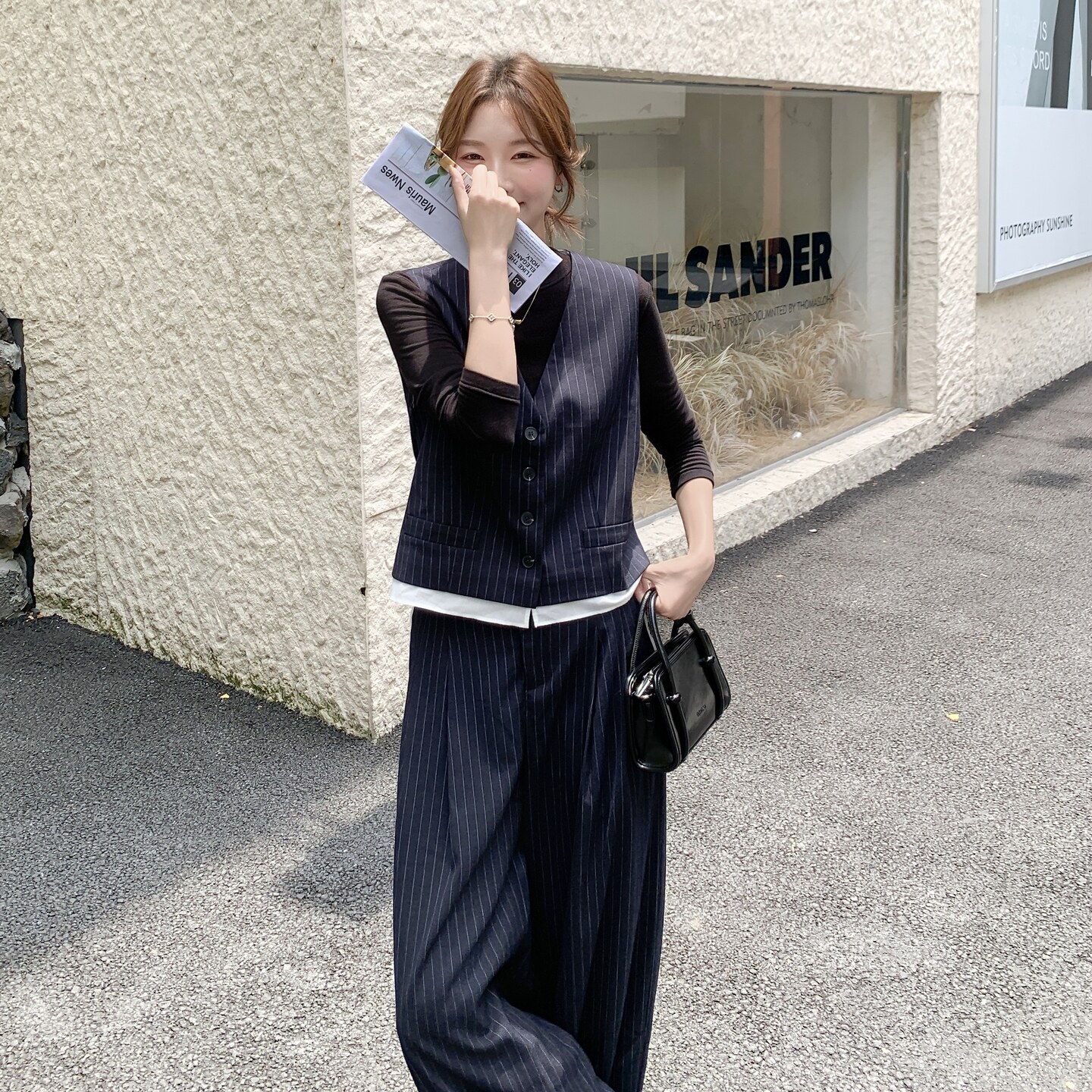 高级感气质条纹休闲套装女2025春秋新款显瘦西装马甲阔腿裤两件套,女装套装/套裙,2C088