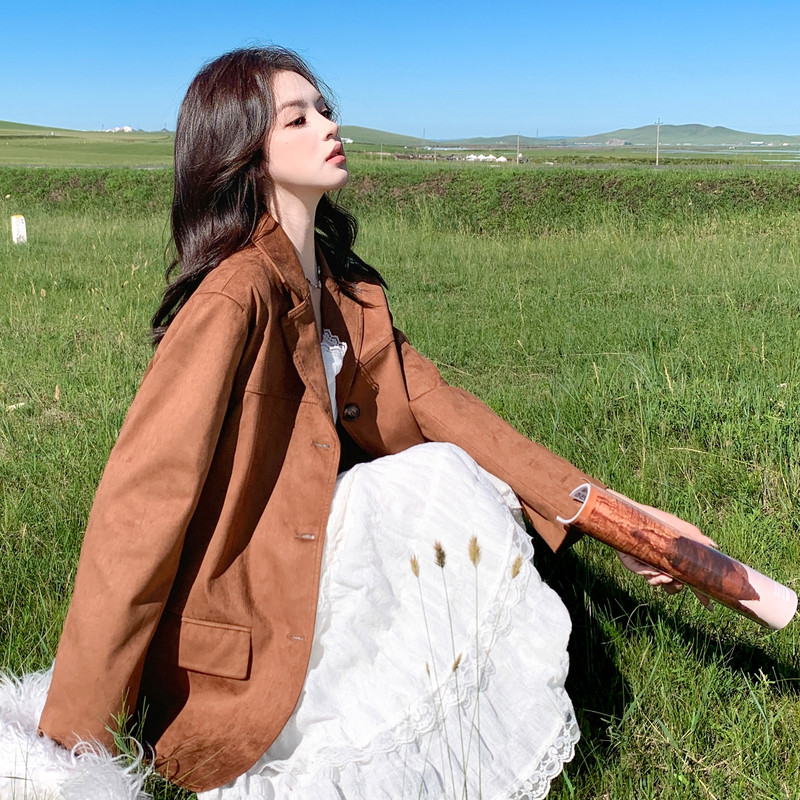 美拉德复古麂皮绒西装外套女2025春秋季新款气质小个子休闲小西服图片