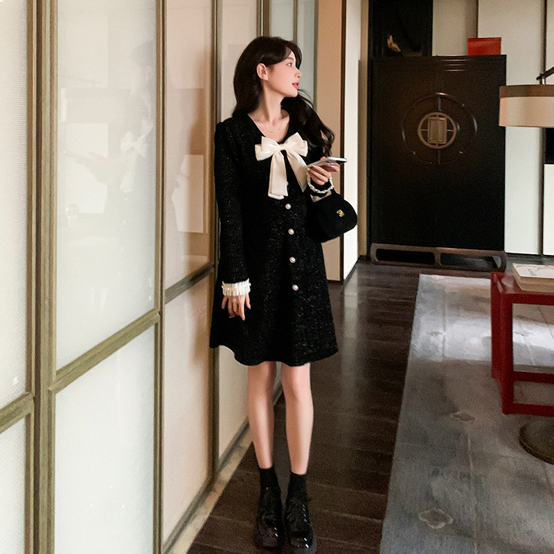 富家千金黑色小香风连衣裙女春秋新款名媛气质高级感超好看小个子,女装连衣裙,2C029