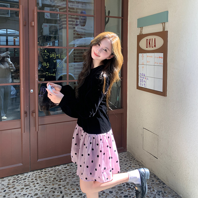 法式气质波点拼接连衣裙女2025春秋季新款韩版宽松显瘦温柔风短裙,女装连衣裙,2C057