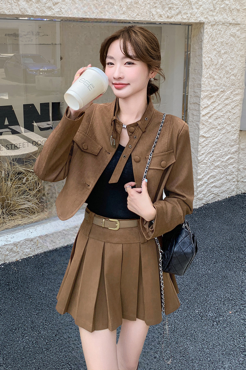 美式复古夹克上衣百褶裙套装女2025新款小个子时髦早秋穿搭一整套,女装套装/套裙,2C113
