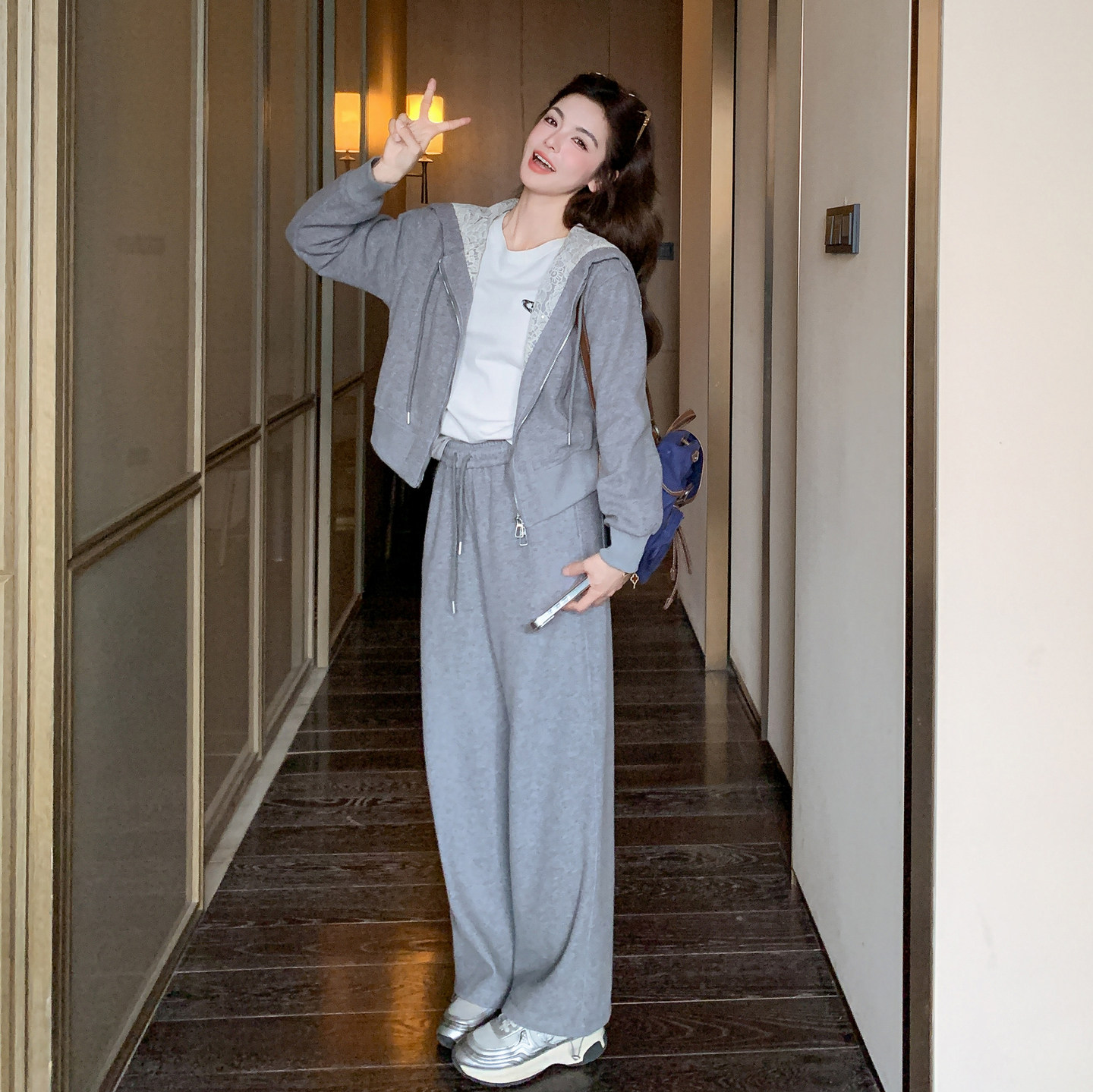 2026春季新款现货休闲针织拼接蕾丝卫衣两件套2607-p185-k298,女装套装/套裙,2B115