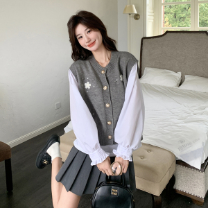 灰色绣花针织马甲套装女2025春季新款法式超好看小个子衬衫两件套图片