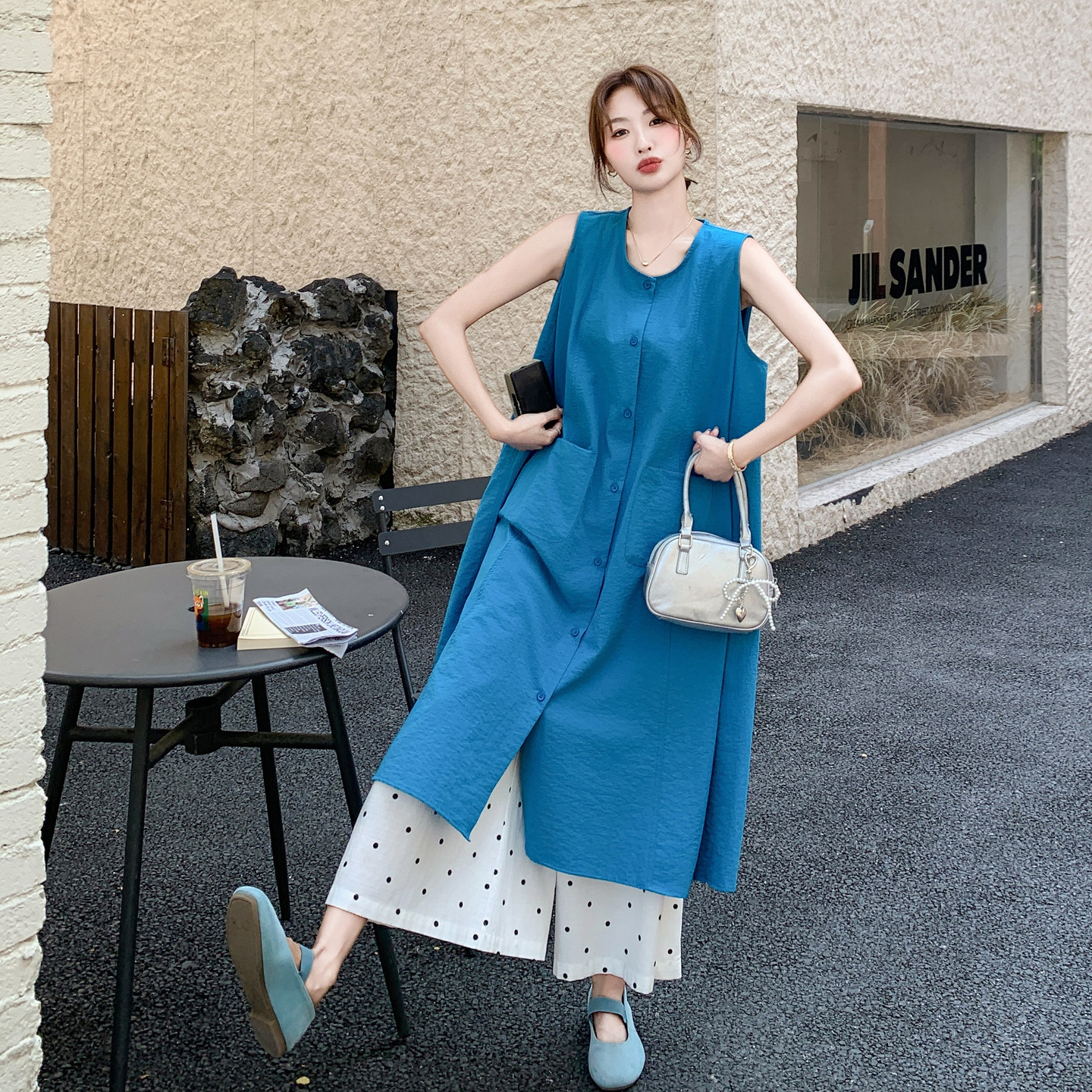 蓝色叠穿波点阔腿裤连衣裙套装女夏日绝美两件套流行独特漂亮超火图片