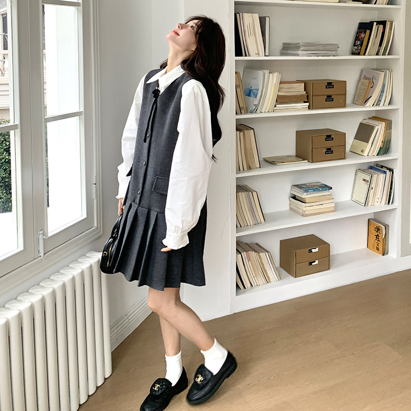 韩系减龄衬衫背心裙套装女春秋连衣裙两件套百褶裙学院风小个子,女装套装/套裙,2C166