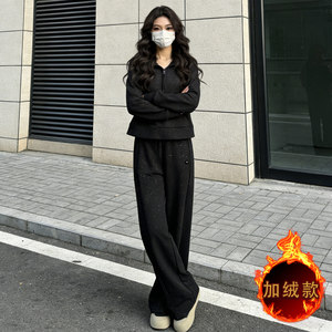 慵懒风休闲套装女秋冬新款双口袋拉链开衫连帽卫衣直筒长裤两件套图片