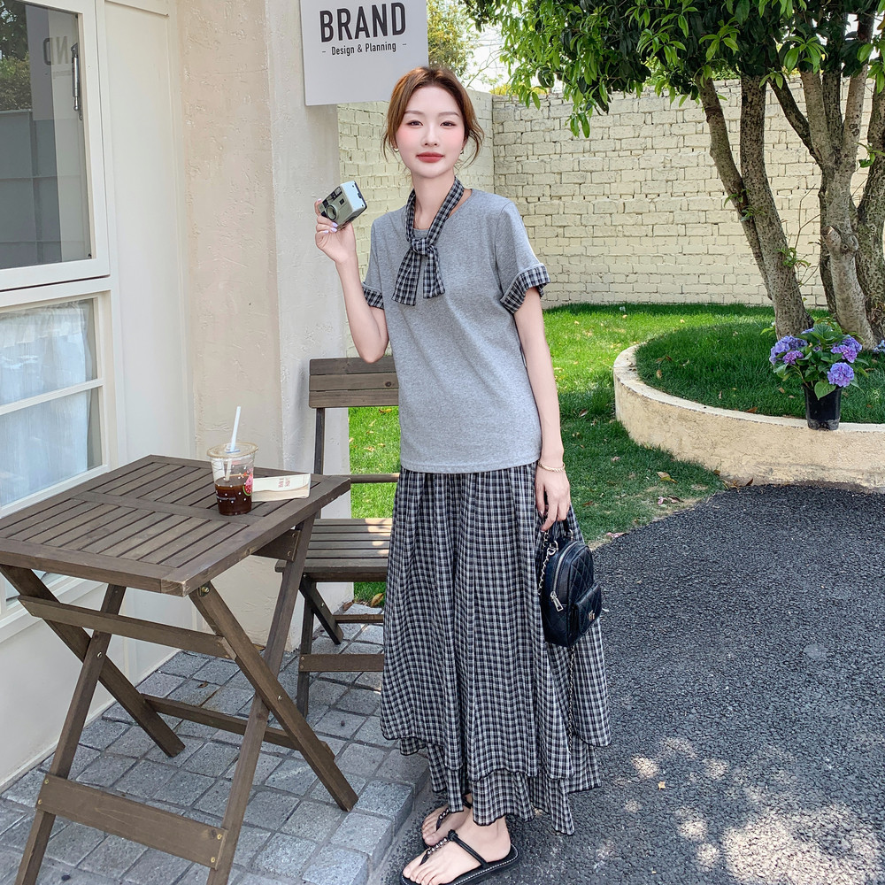 灰色气质减龄格纹拼接T恤半身裙套装两件套女夏学院风穿搭一整套,女装套装/套裙,2C135