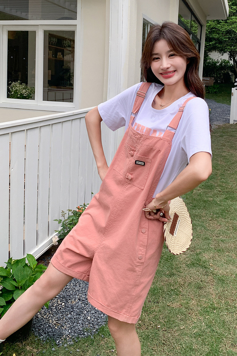 甜美粉色背带裤女2025夏季新款小个子宽松显瘦减龄高腰短裤,女装连体裤,2D045
