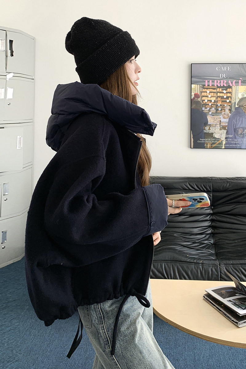 藏青色设计感白鸭绒羽绒内胆呢子外套女冬新款小个子短款加厚毛呢,女装毛呢外套,2C016