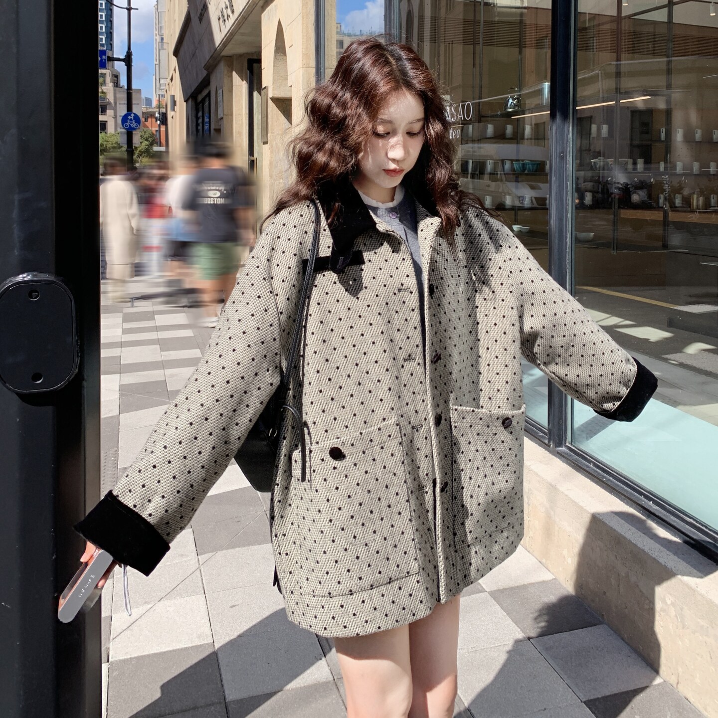 韩版灰色波点毛呢外套女2025秋冬新款时尚高级感小个子老钱风大衣,女装毛呢外套,2C177