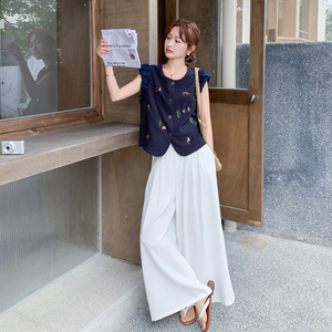 法式刺绣马甲阔腿裤套装女夏2025新款高级设计感藏青色背心两件套图片