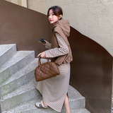 韩系慵懒风条纹连衣裙女2025春秋新款显瘦时尚连帽马甲，女装连衣裙，2C135