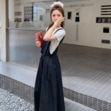 深蓝色慵懒风背带裤套装女2025夏季新款圆领短袖收腰连身裤两件套，女装套装/套裙，2C233