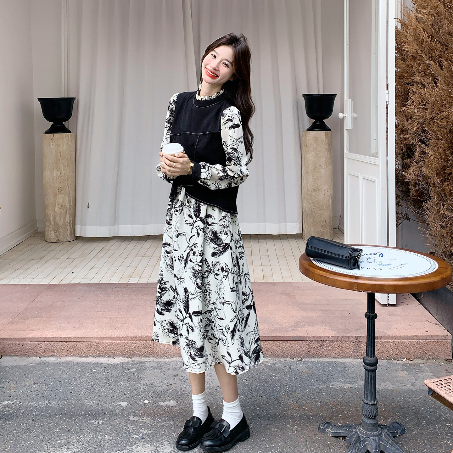 新中式国风假两件拼接长裙女2025秋季新款高级感气质碎花连衣裙,女装连衣裙,2D043