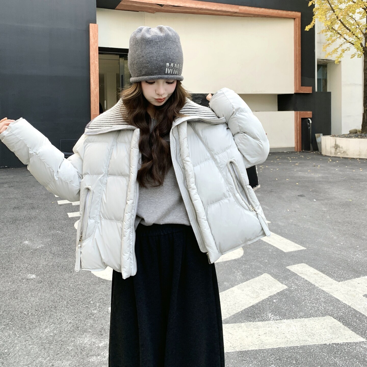 【档口现货】浅灰色毛线大翻领休闲棉服2C233-830-P235-K349,女装棉衣/棉服,2C233