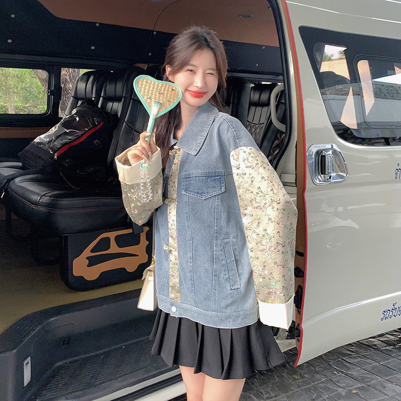 新中式印花拼接牛仔外套女2025春秋新款时尚休闲国风复古盘扣上衣,女装短外套,2C177