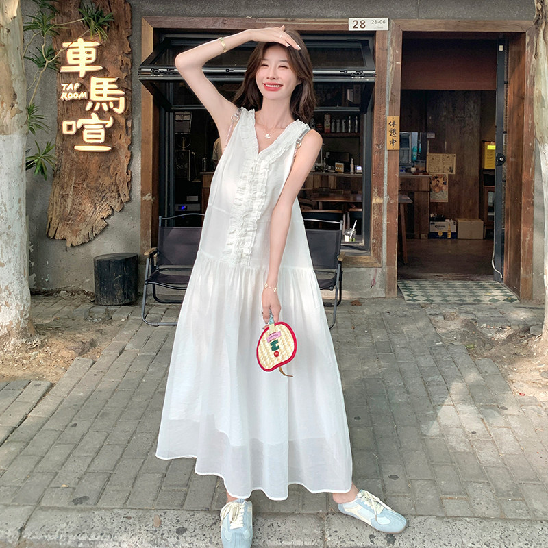 粉色海边度假木耳边背心裙女夏新款小清新温柔甜美显瘦减龄连衣裙,女装连衣裙,2C025