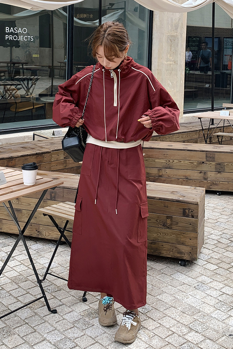 韩版休闲显瘦短款卫衣套装女2025春秋季新款高腰工装半身裙两件套,女装套装/套裙,2C206