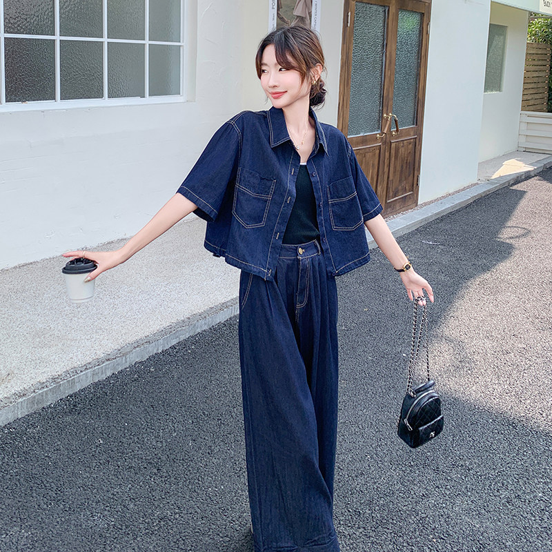 盐系轻熟风薄款天丝牛仔短袖上衣阔腿裤套装两件套女夏季时尚洋气,女装套装/套裙,2C135