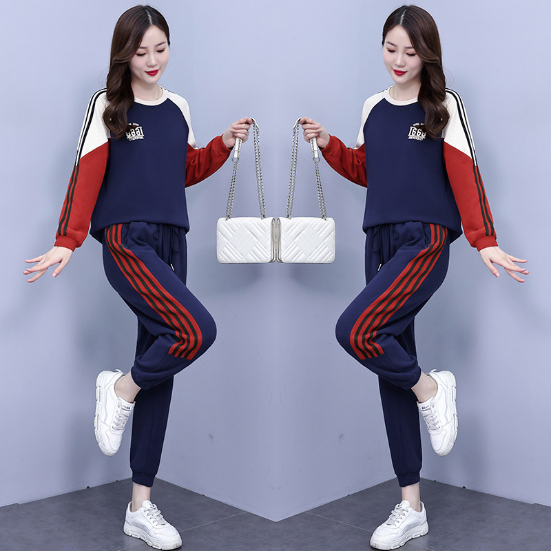 2025春装新款大码时尚减龄印花字母卫衣洋气显瘦两件套套装,女装套装/套裙,先锋丽姿