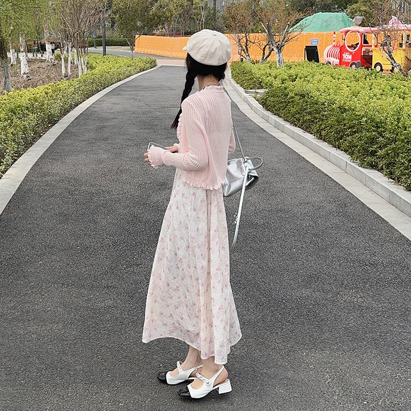 碎花吊带系带绣花泡泡袖连衣裙法式温柔肯豆风学院风收腰长裙蕾丝,女装套装/套裙,2D148