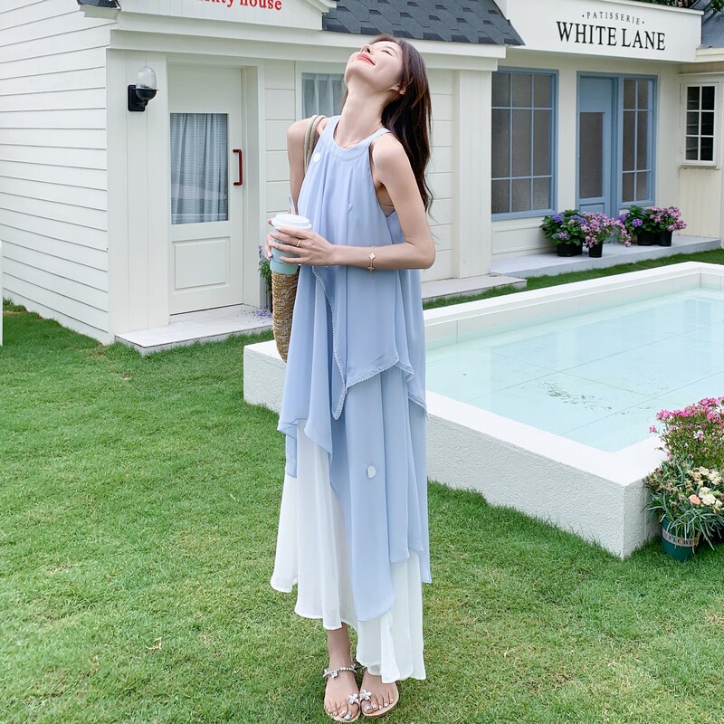 长裙夏季连衣裙蓝色法式度假裙女装大码性感风通勤风,女装连衣裙,2C131