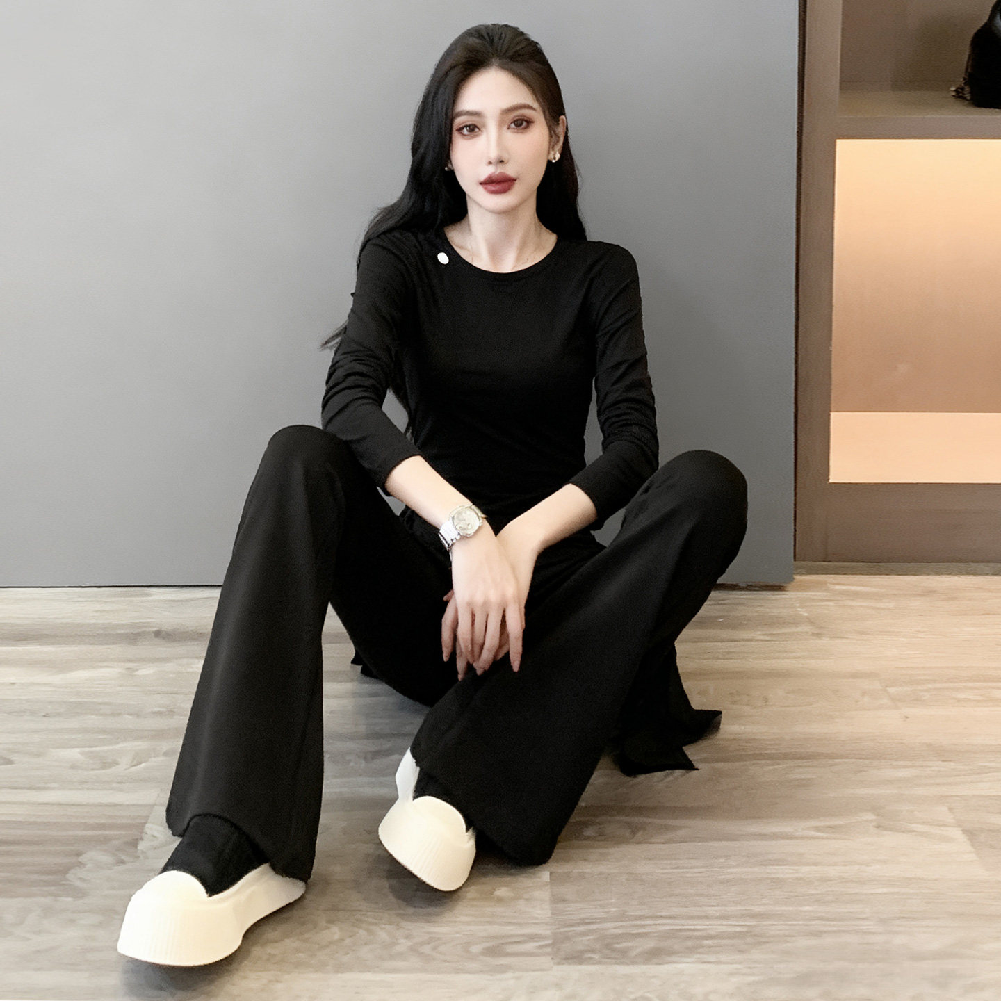 高级感欧货时尚套装女秋新款温柔风圆领长袖假两件修身长裤两件套,女装套装/套裙,2C310