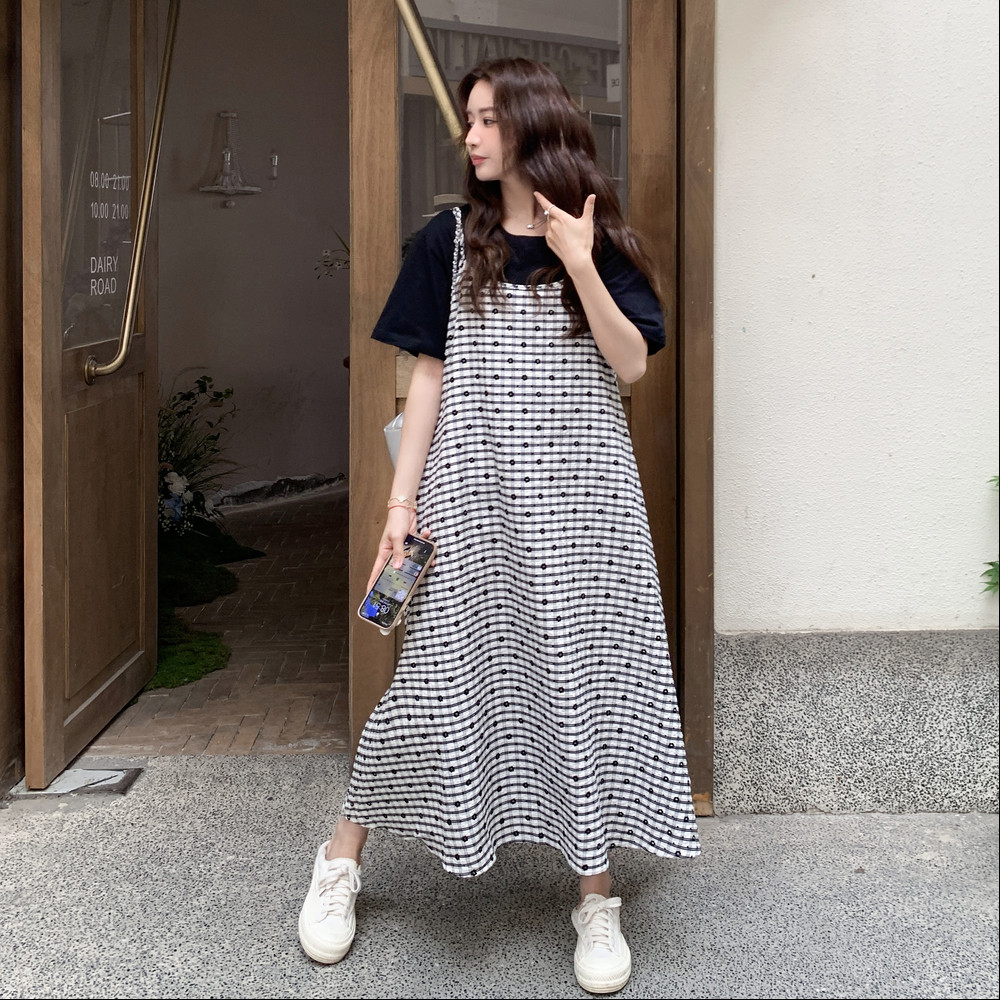 休闲吊带格子连衣裙T恤两件套女2025夏季新款宽松显瘦裙子套装,女装连衣裙,2C275