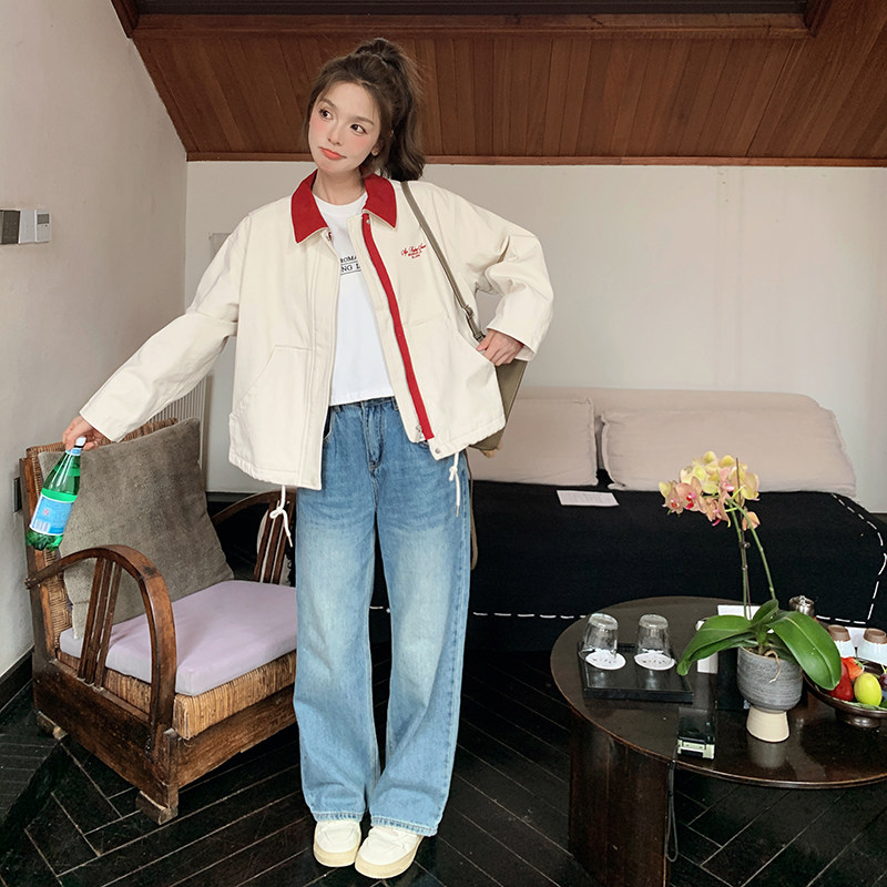 小个子学院风拼接撞色短外套女2025春季新款复古宽松时尚休闲夹克,女装短外套,2C166