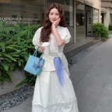 甜美米白色泡泡袖衬衫半身裙套装女夏韩系绝美清纯系两件套巨好看，女装套装/套裙，2C227