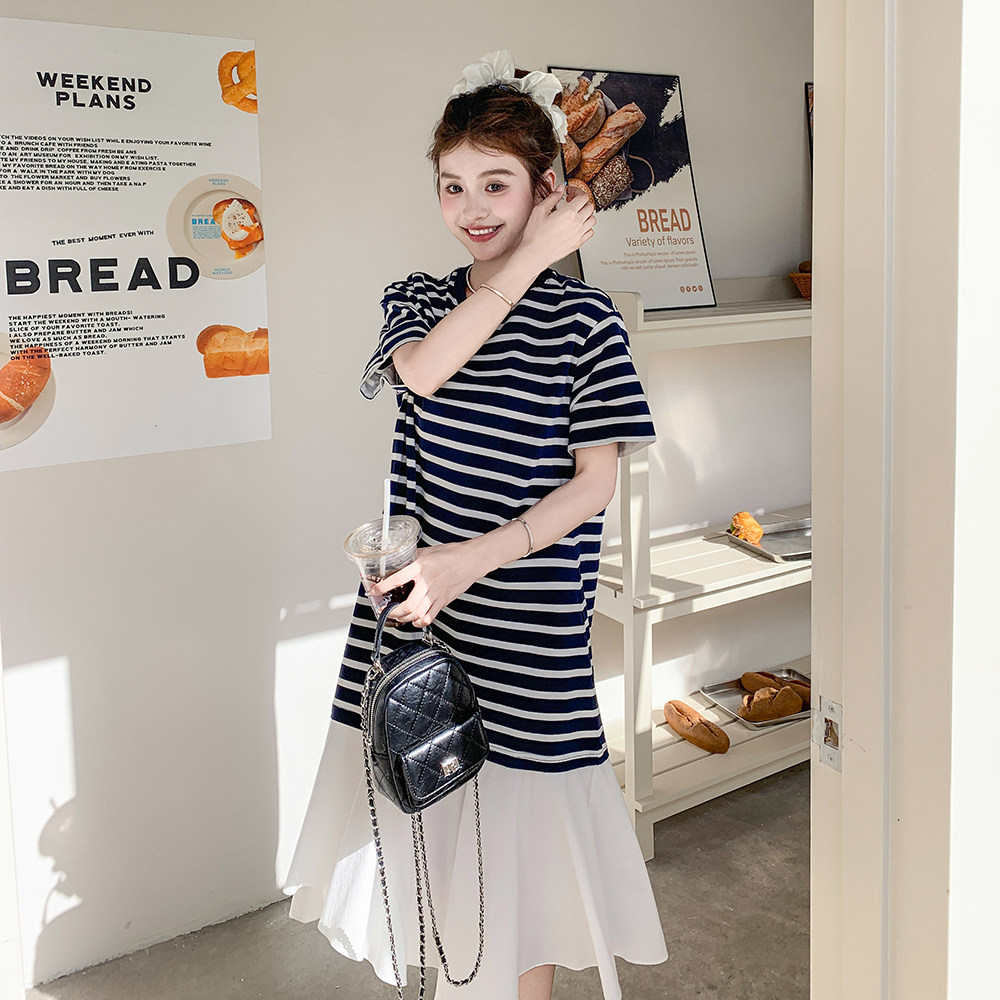 法式撞色拼接条纹黑色连衣裙女夏2025新款洋气超好看独特漂亮长裙,女装连衣裙,2C225
