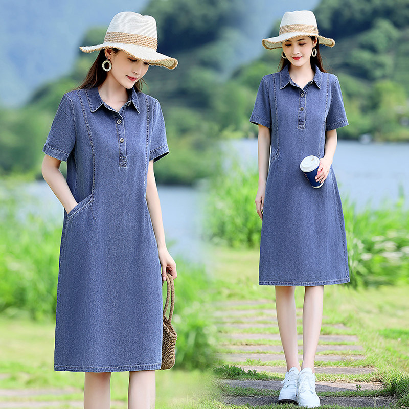 薄款牛仔连衣裙女夏季2025新款短袖休闲复古减龄妈妈遮肚显瘦裙子,女装毛呢外套,新感觉