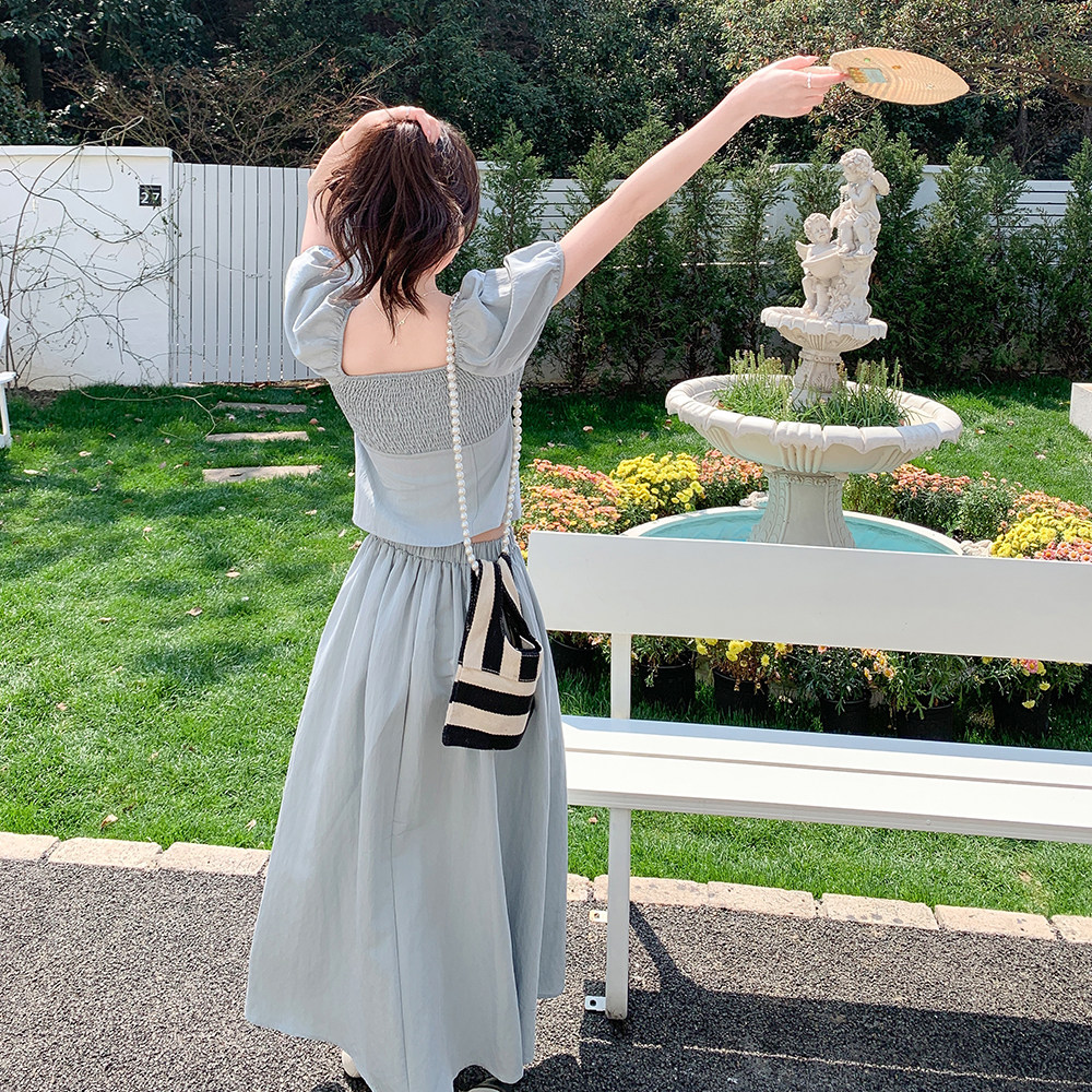 高级感小众蓝色套装裙女2025年夏季韩系显瘦上衣半身裙减龄两件套,女装套装/套裙,2C212