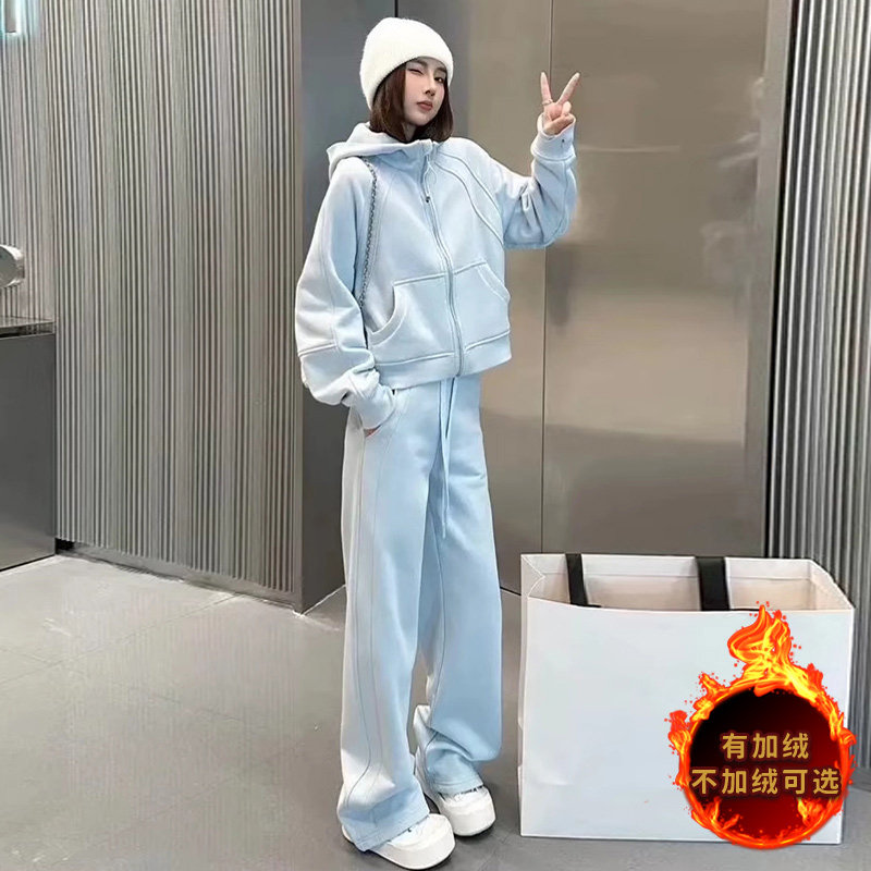 韩系气质简洁运动套装女春季新款拉链开衫连帽卫衣直筒裤两件套潮,女装套装/套裙,2C310
