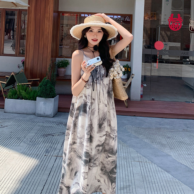 法式度假风晕染吊带连衣裙女2025夏季新款韩版宽松显瘦甜美蛋糕裙,女装连衣裙,2C052