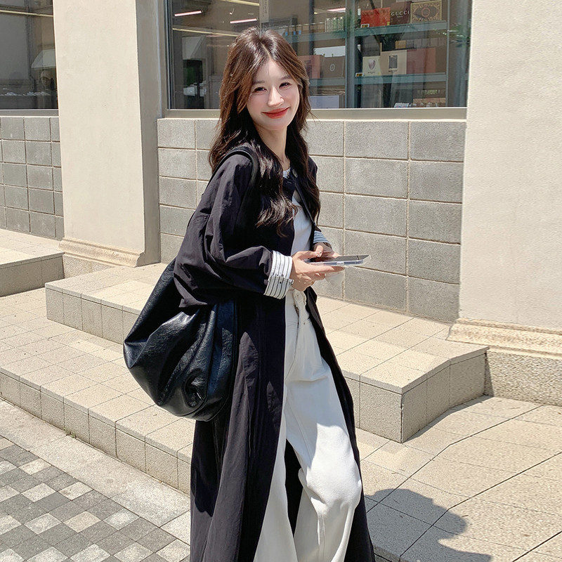 高级感撞色拼接黑色长款风衣外套女春秋2025新款收腰显瘦大衣流行,女装风衣,2C016