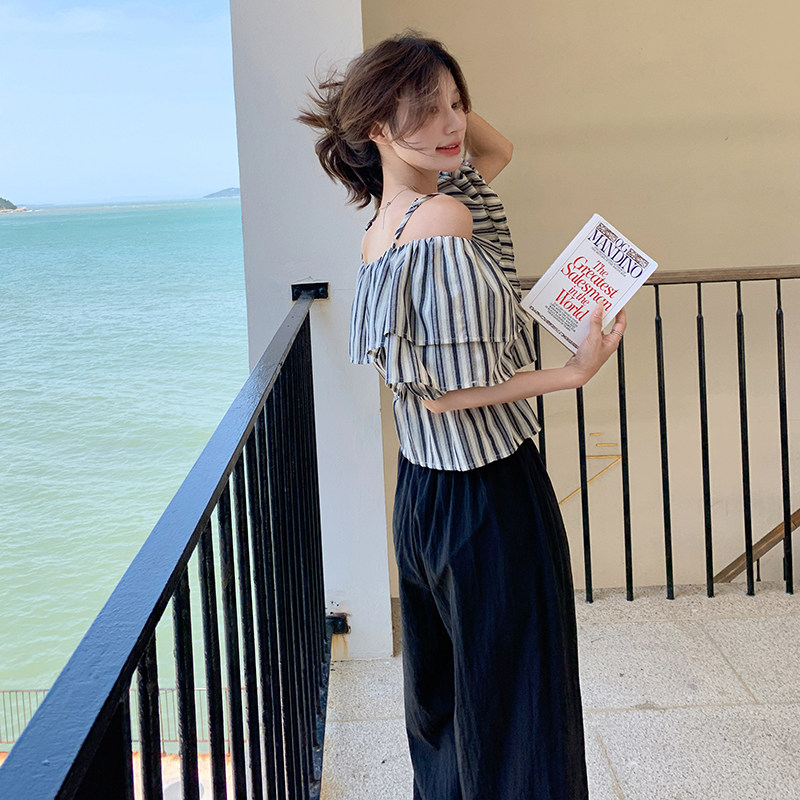 现货：夏装新款竖条纹上衣＋阔腿裤两件套装2C135-5092P115K178,女装套装/套裙,2C135