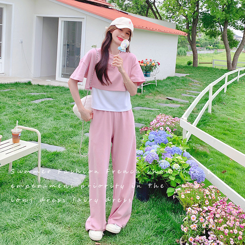 夏季粉色休闲背心短袖阔腿裤三件套套装女2C052-T99-P125-K178,女装套装/套裙,2C052