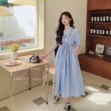 【大货已出】蓝色竖条纹抽绳单排扣连衣裙6673P115控168，女装连衣裙，2C137