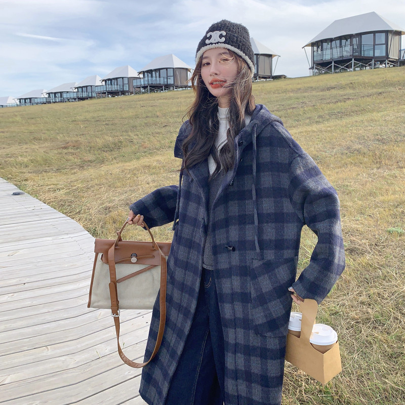 格子连帽双面绒毛呢外套女秋冬2025新款长款流行爆款超火加厚大衣,女装羊绒大衣,2B142