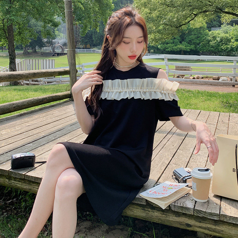 黑色设计感露肩连衣裙2025夏季新款韩版淑女宽松休闲减龄直筒裙子,女装连衣裙,2C339