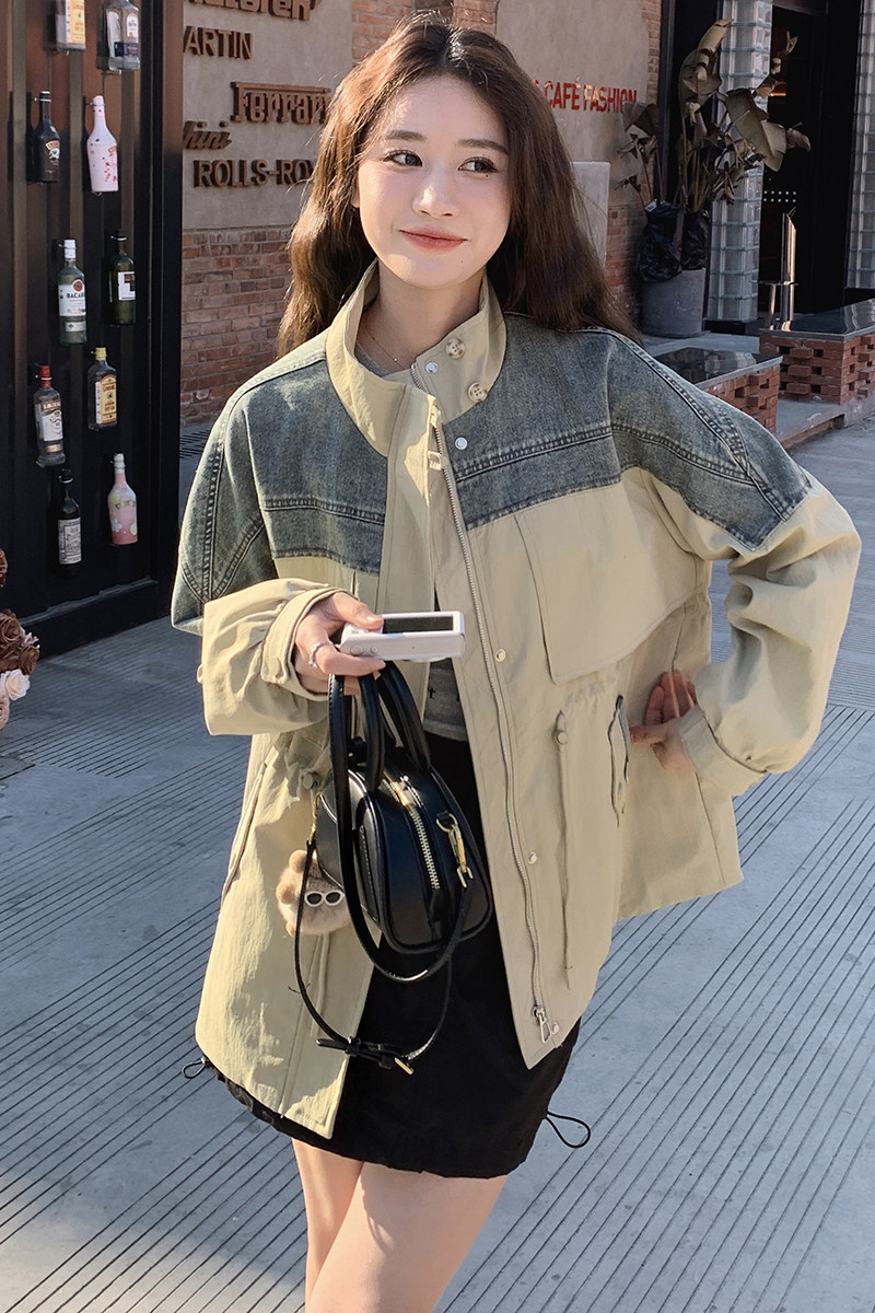 【现货】复古牛仔拼接风衣外套春秋款2C353--8617-p170-k258,女装风衣,2C353