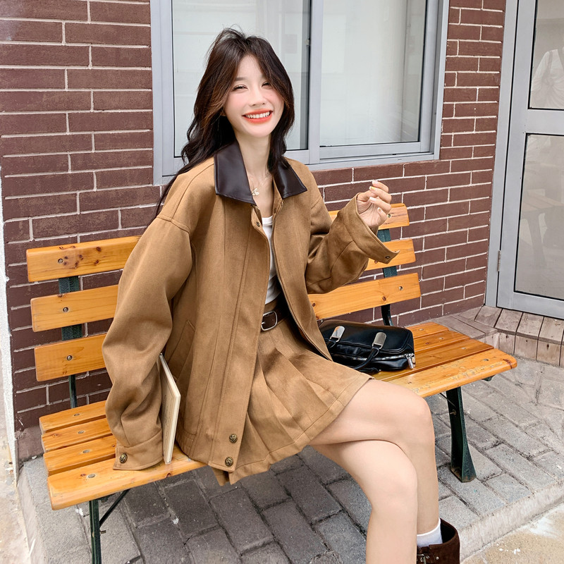 美拉德复古套装女2025秋季新款甜酷风设计感拼接外套百褶裙两件套图片