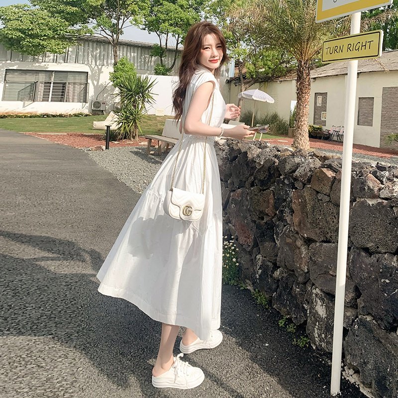 气质大方白色无袖衬衫连衣裙女夏2025新款高级设计感小众收腰长裙,女装连衣裙,2C159